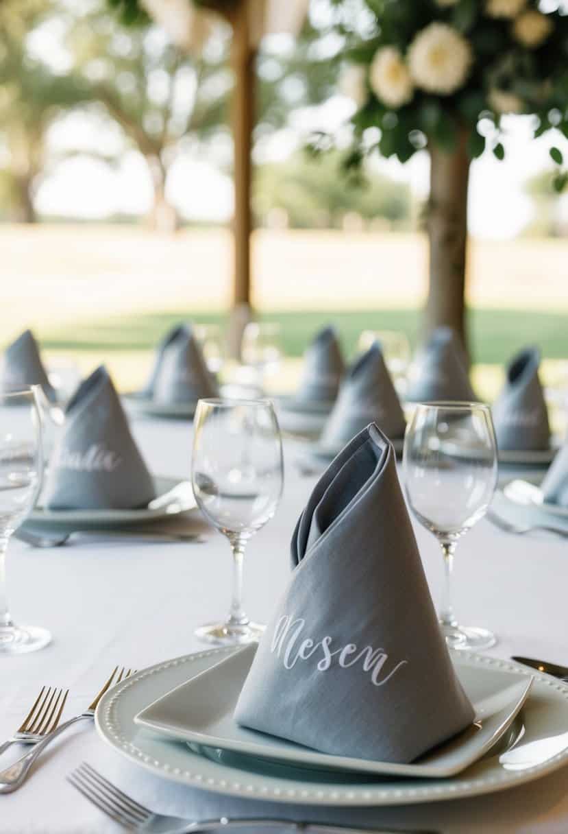 A table set with personalized linen napkins, elegantly folded and placed at each setting, adding a touch of sophistication to the wedding decor