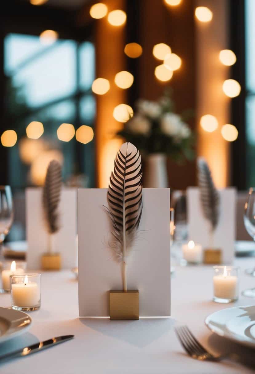 Feather-accented place cards arranged on a wedding table with soft candlelight