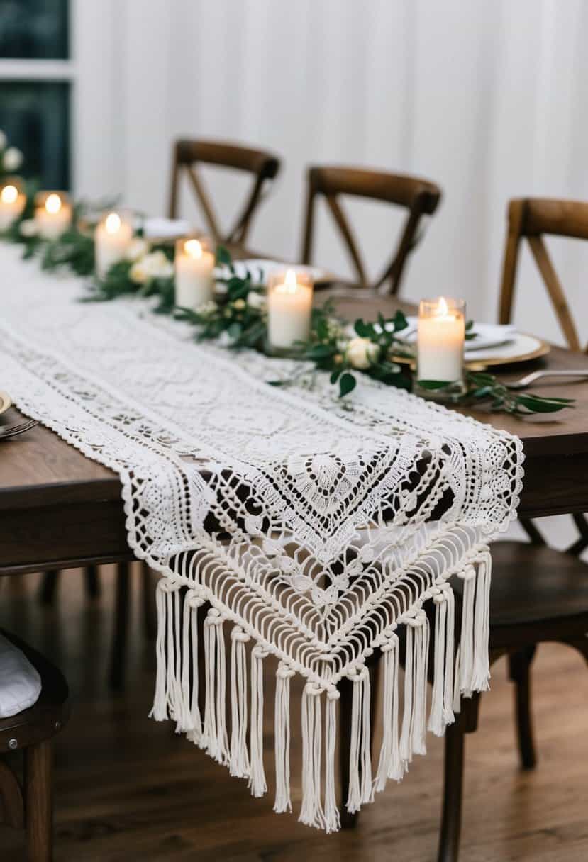A white lace table runner with macrame details drapes elegantly across a wooden wedding table, adorned with delicate tea lights and fresh flowers