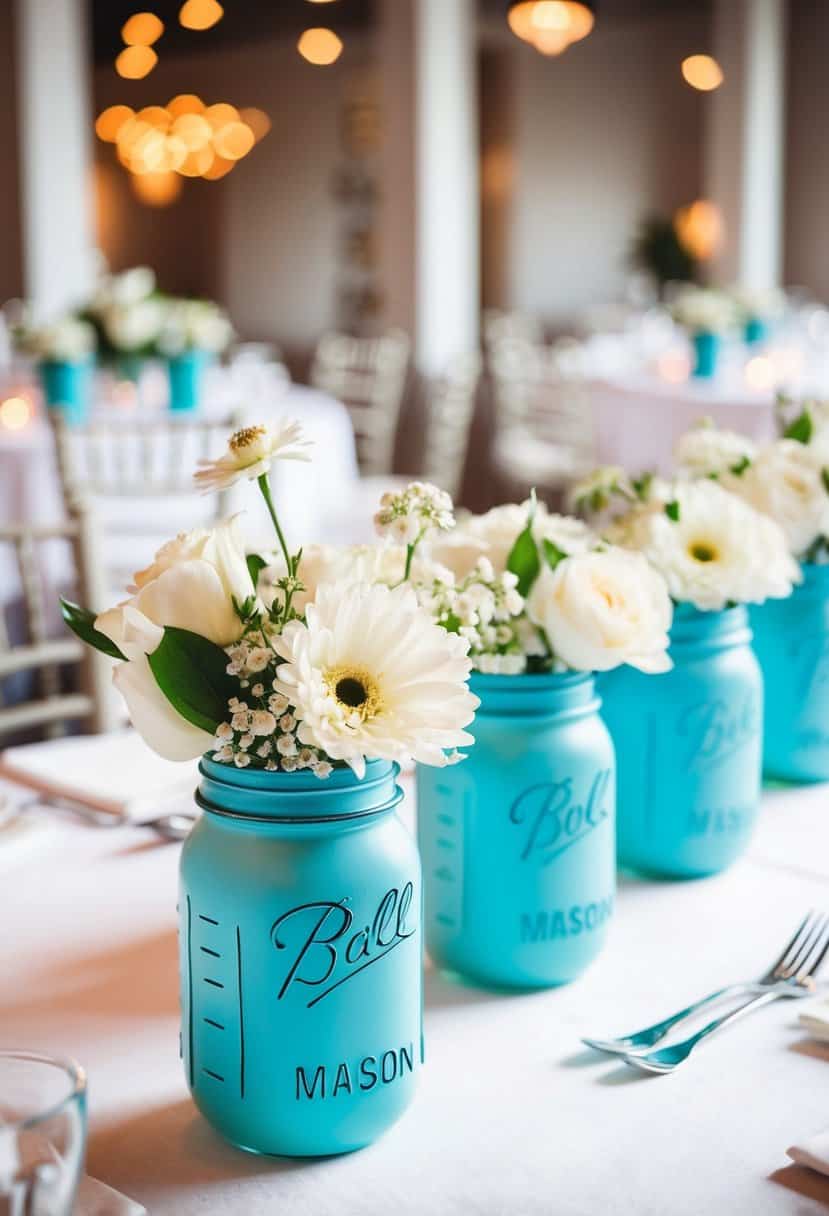 Light blue mason jars filled with white flowers on a wedding table