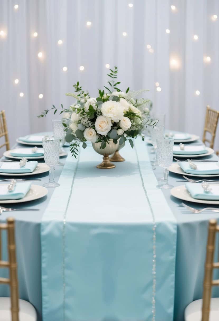 A powder blue table runner drapes across a light blue wedding table, adorned with delicate decorations