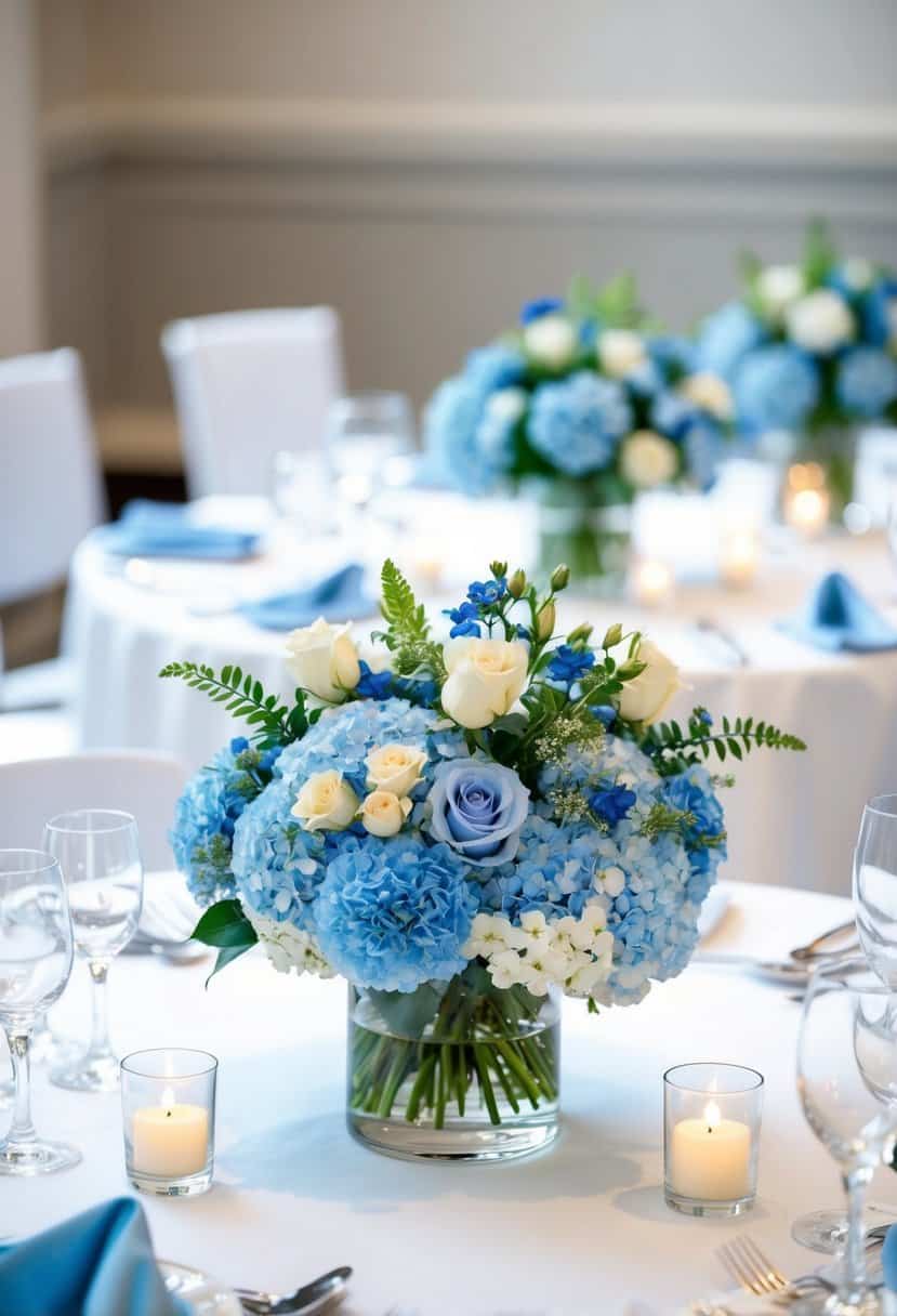 Light blue floral centerpieces adorn a wedding table, creating a serene and elegant atmosphere
