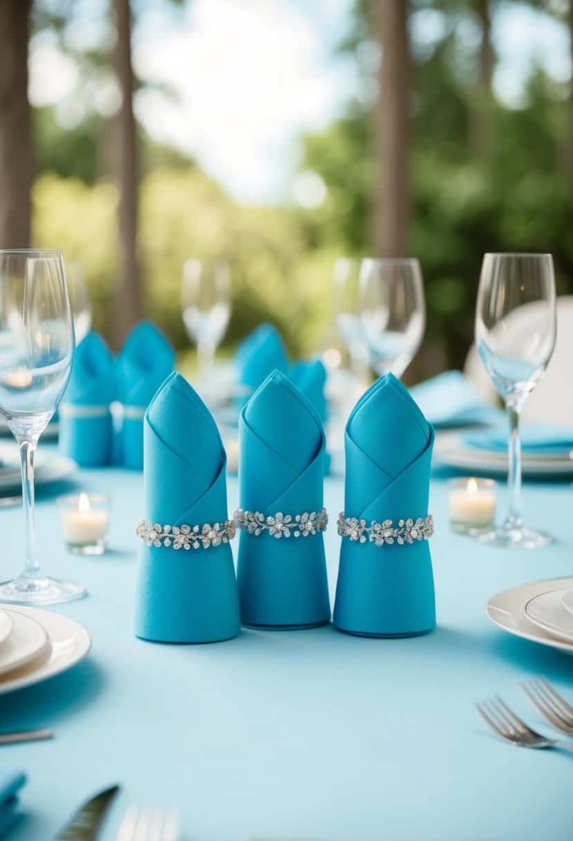 Light blue napkin rings arranged on a sky blue wedding table, with delicate decorations and elegant place settings