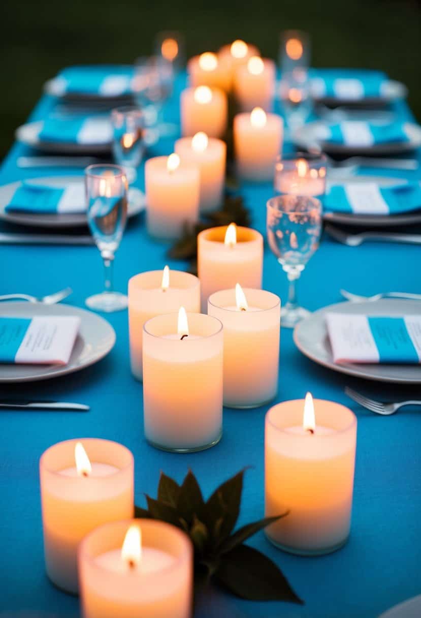 Aqua candles illuminate a serene blue wedding table setting