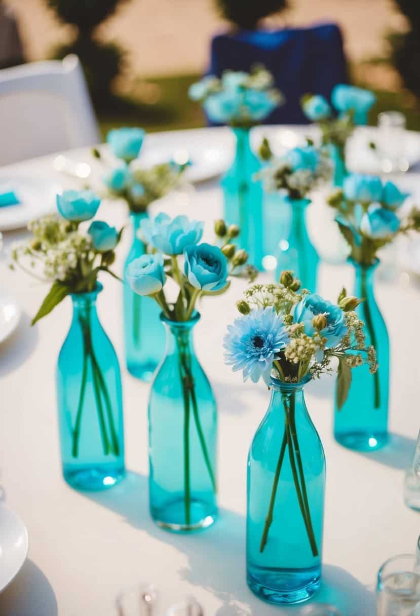Turquoise glass vases filled with light blue flowers arranged on a wedding table
