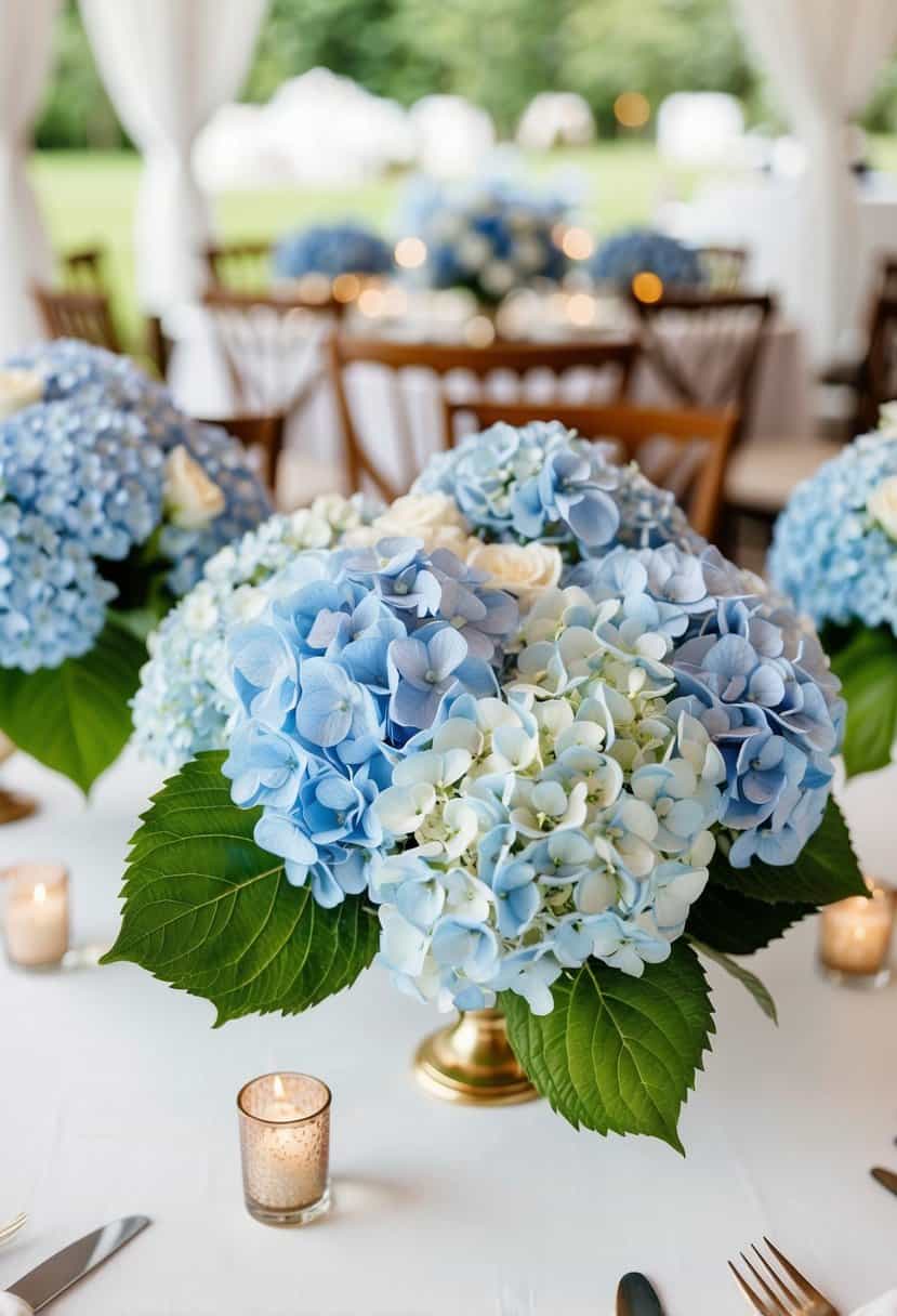 A table adorned with light blue hydrangea bouquets for a wedding centerpiece