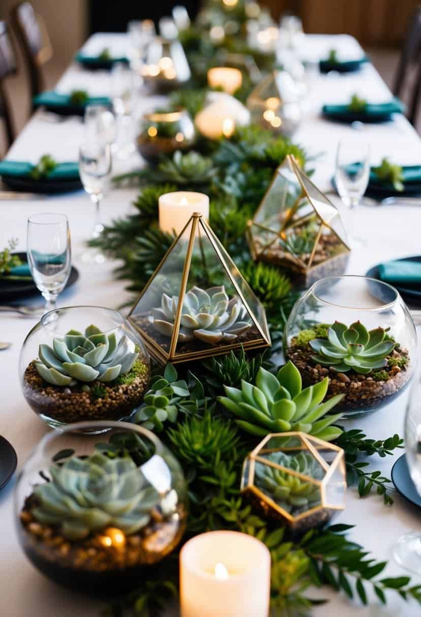 Lush succulents and glass terrariums adorn a long wedding table, creating a natural and elegant centerpiece