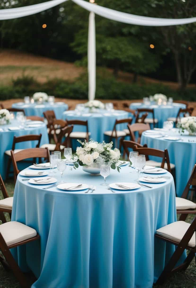 Baby blue tablecloths draped over round tables with delicate white floral centerpieces and silver cutlery