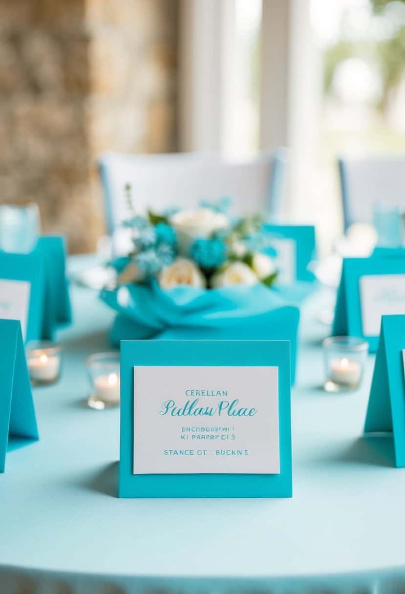 Cerulean place cards arranged on a light blue wedding table with delicate decorations