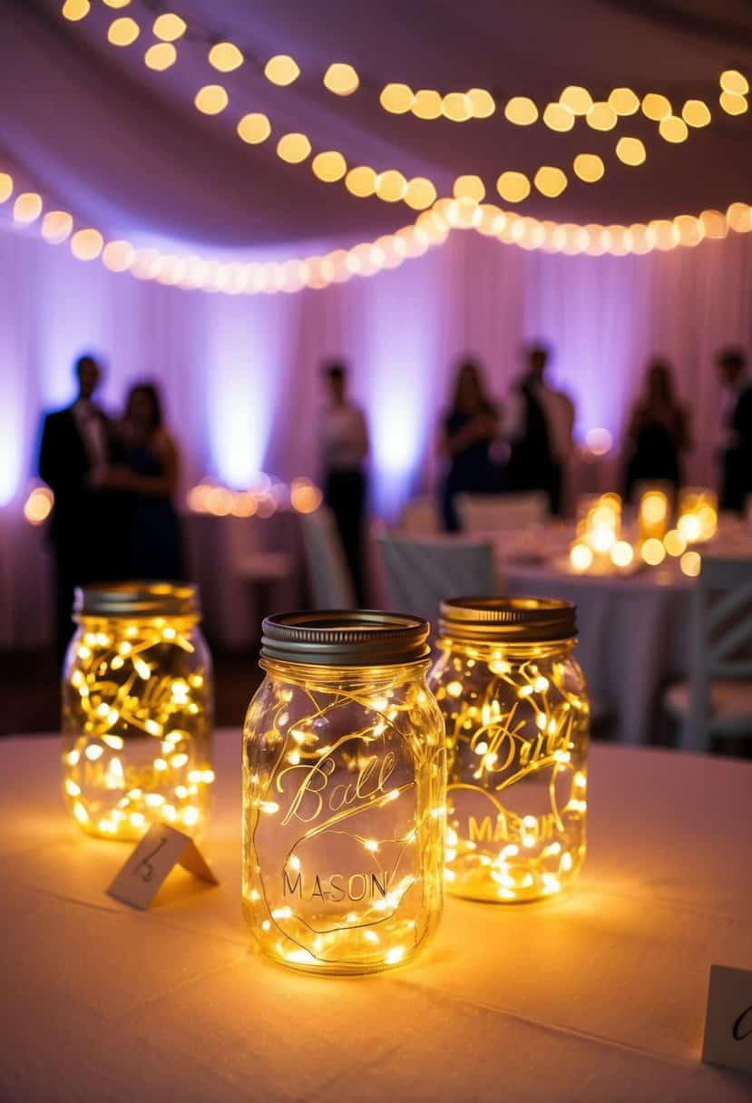 Glowing mason jars with fairy lights adorn a wedding reception table, casting a warm and magical ambiance