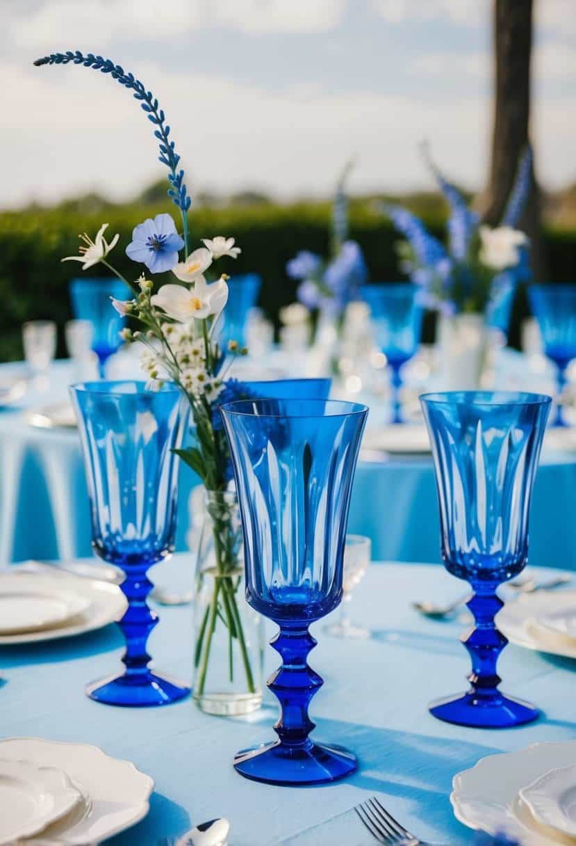 Blue crystal goblets arranged on a light blue tablecloth with delicate floral centerpieces