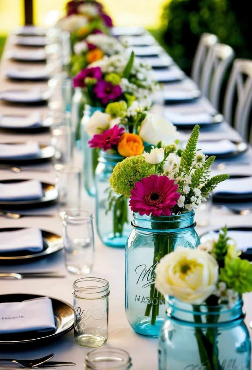Mason jars filled with fresh flowers line a long wedding table, creating a charming and rustic decoration