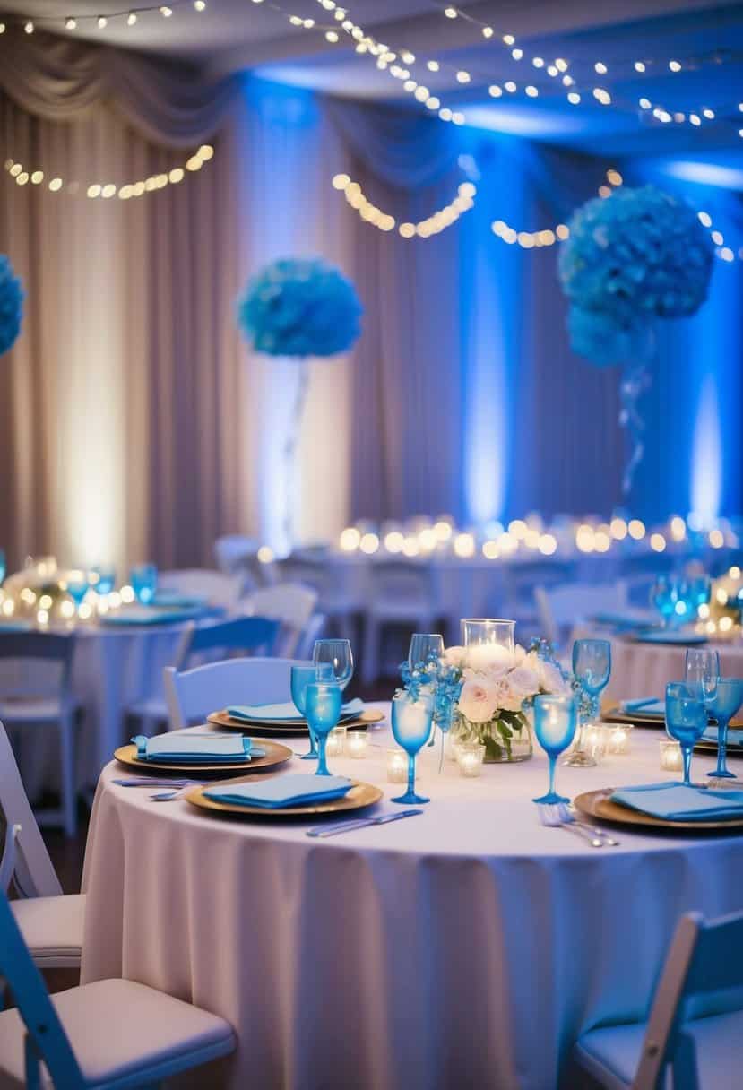 Soft blue fairy lights illuminate a wedding table with delicate blue decorations