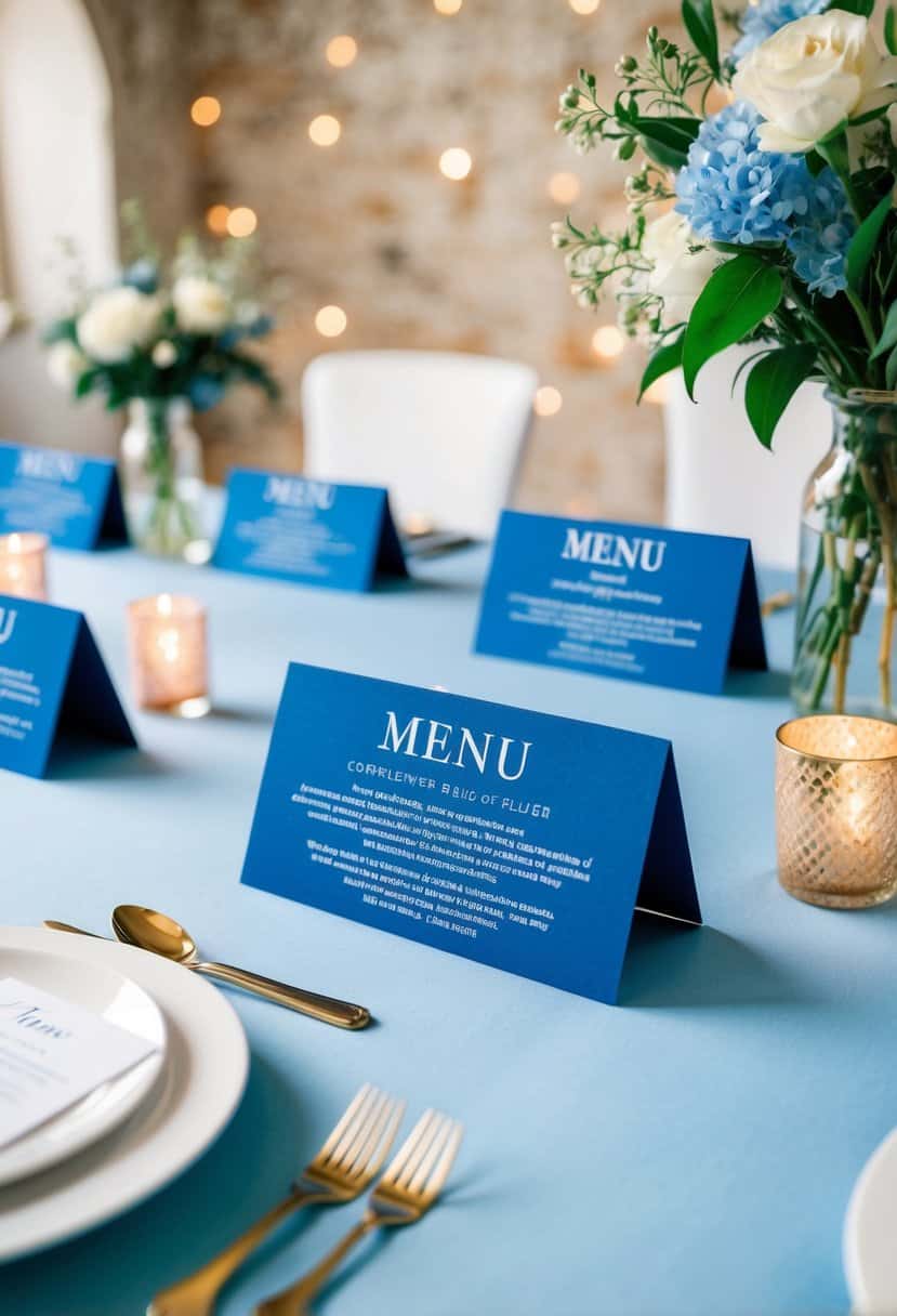 Cornflower blue menu cards arranged on light blue table with wedding decor