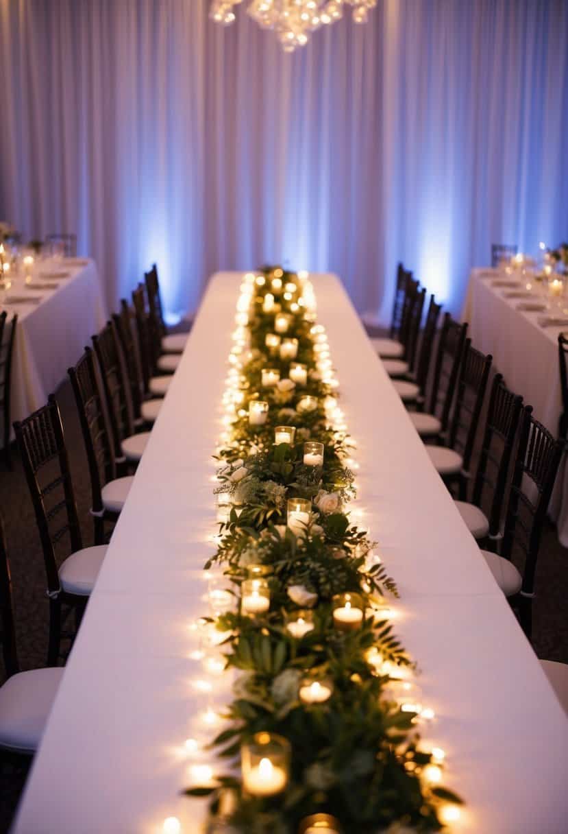 A long, rectangular table with a glowing LED table runner running down the center, illuminating the surrounding wedding decorations
