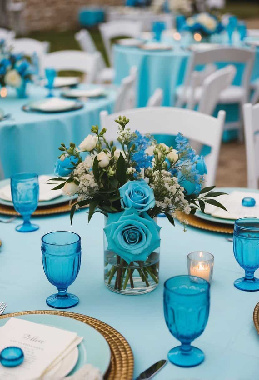 A periwinkle table adorned with light blue wedding decorations