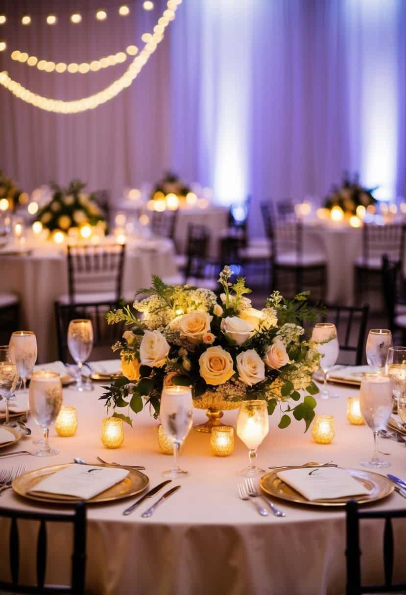 A table adorned with glowing floral centerpieces, casting a warm and romantic ambiance at a wedding reception