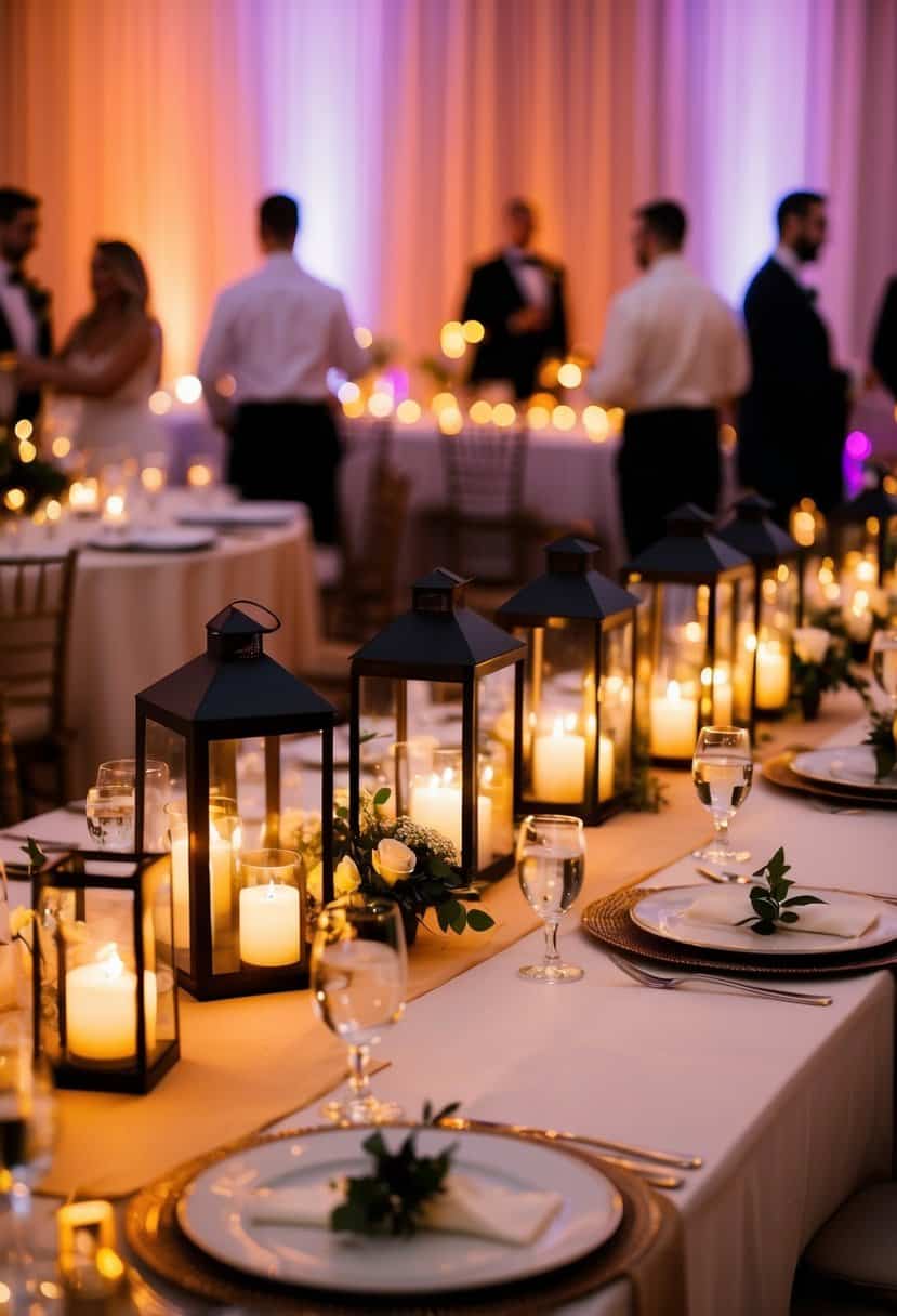 A table set with LED candle lanterns illuminating a wedding reception, casting a warm and romantic glow over the festivities
