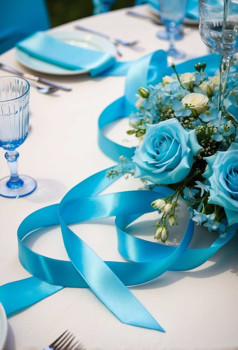 Icy blue satin ribbons elegantly woven around a table centerpiece, complemented by delicate light blue floral arrangements