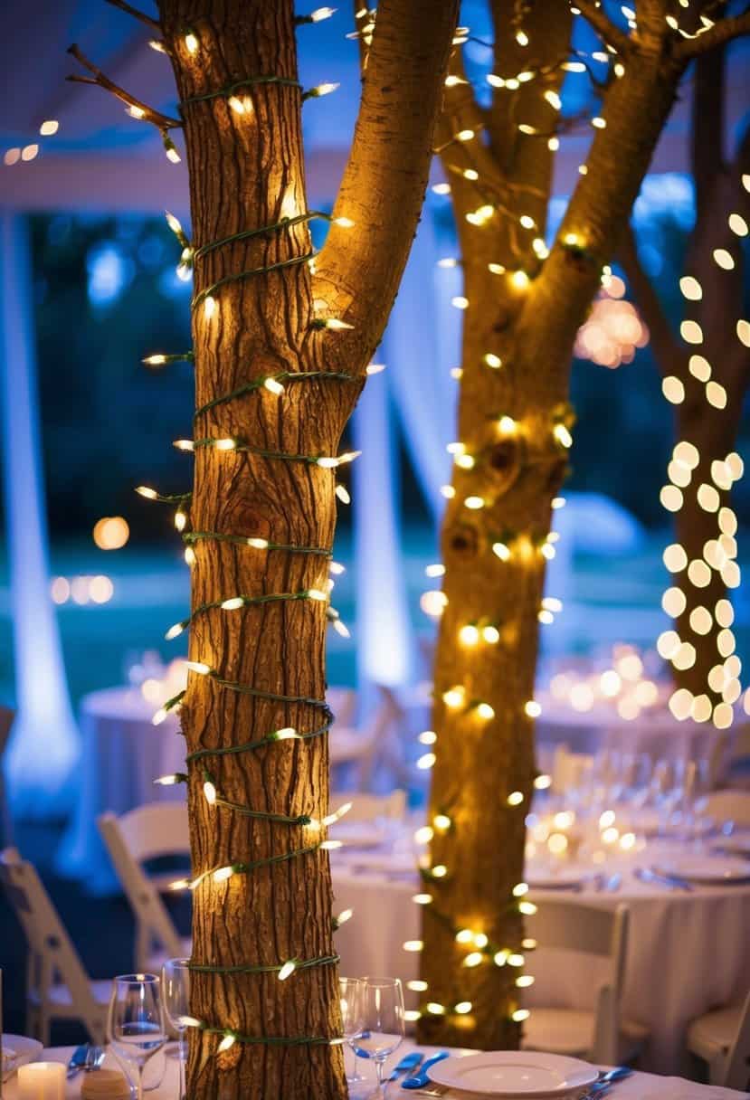 Glowing LED lights wrapped around tree branches, creating a twinkling wedding table decoration