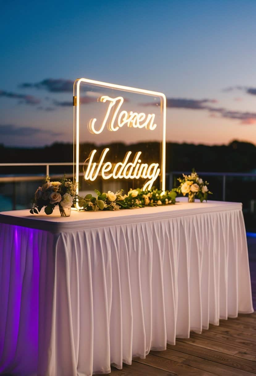 A glowing neon sign with LED table accents illuminates a modern wedding reception table