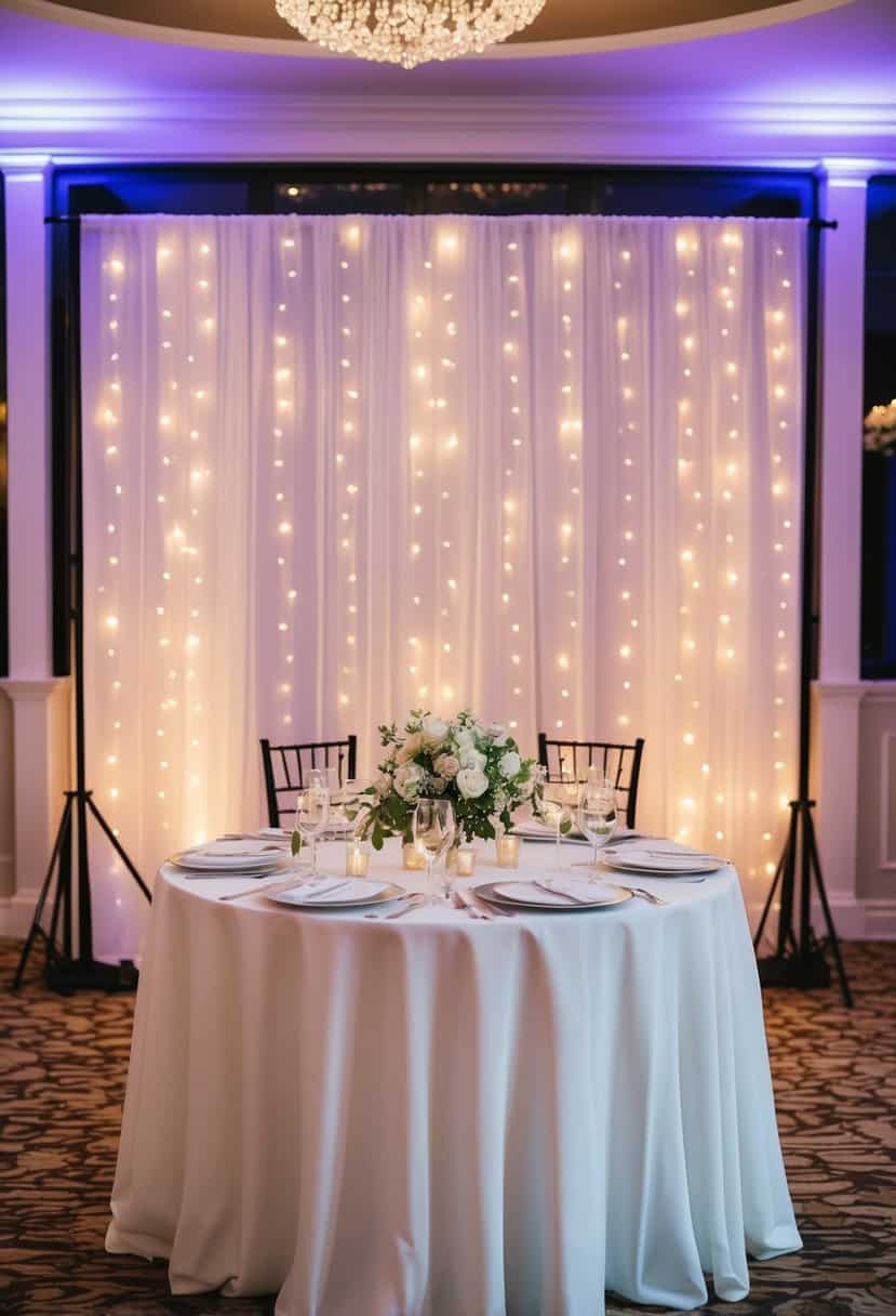 A wedding table adorned with LED light curtain backdrops, creating a romantic and enchanting atmosphere