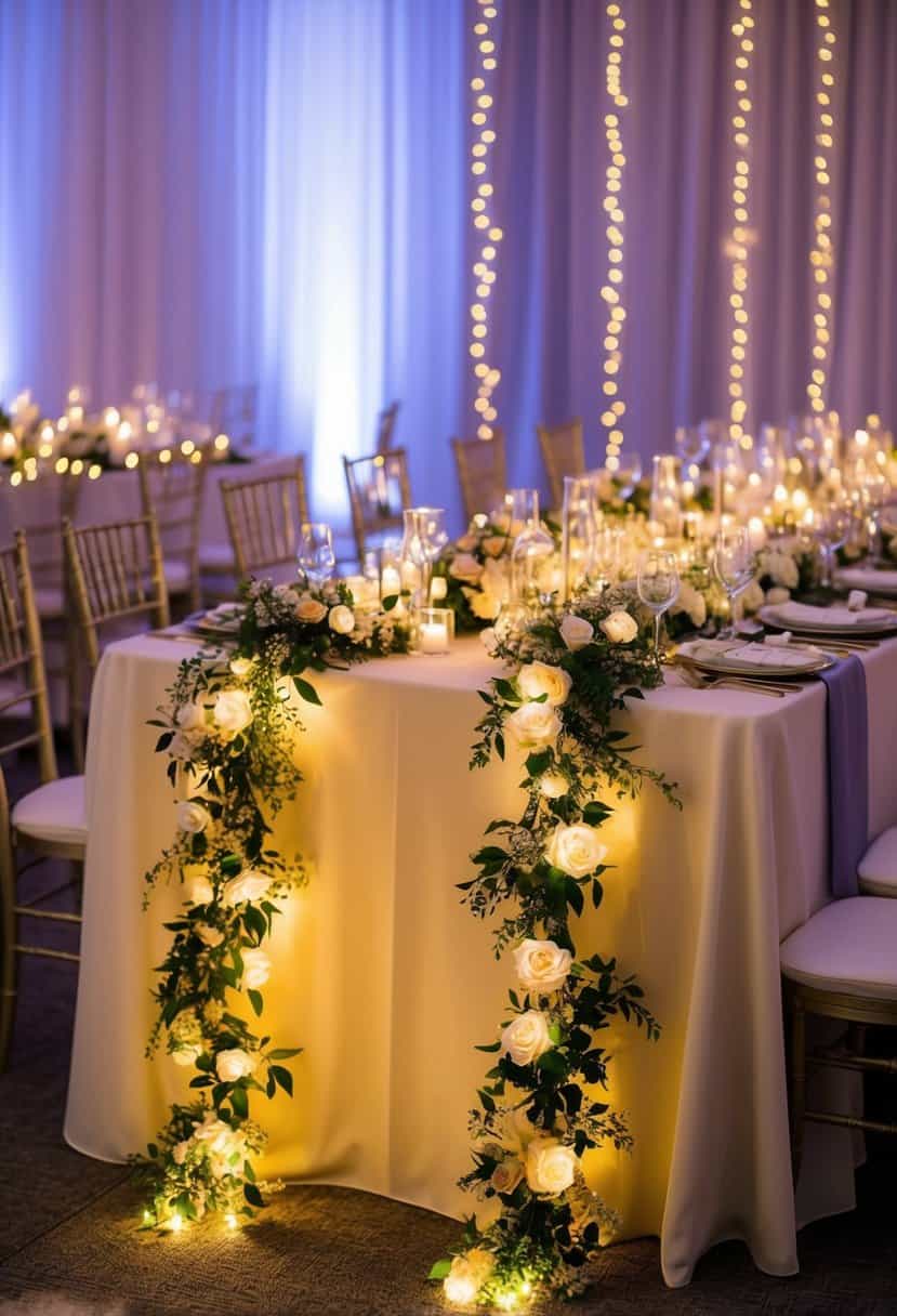 A table adorned with glowing floral garlands intertwined with LED lights, creating a romantic and enchanting ambiance for a wedding celebration