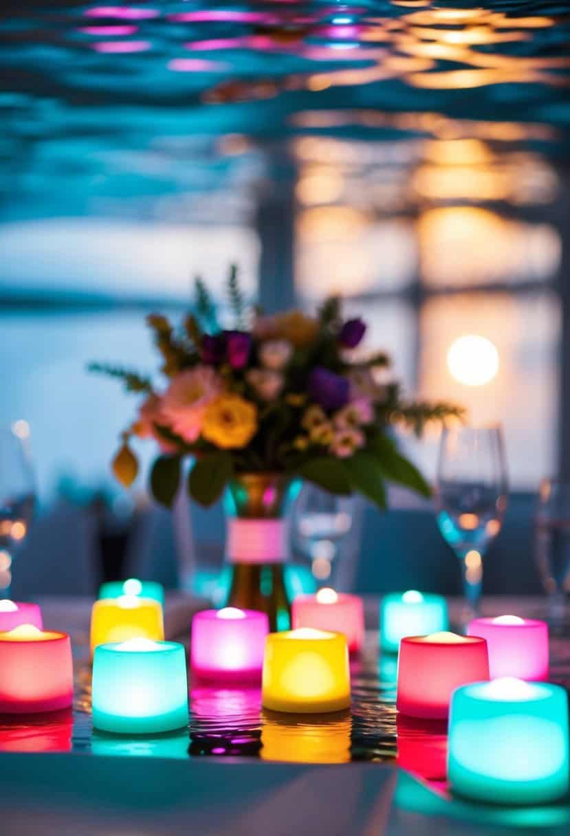 Colorful LED tea lights illuminate a wedding table, casting a soft, underwater glow
