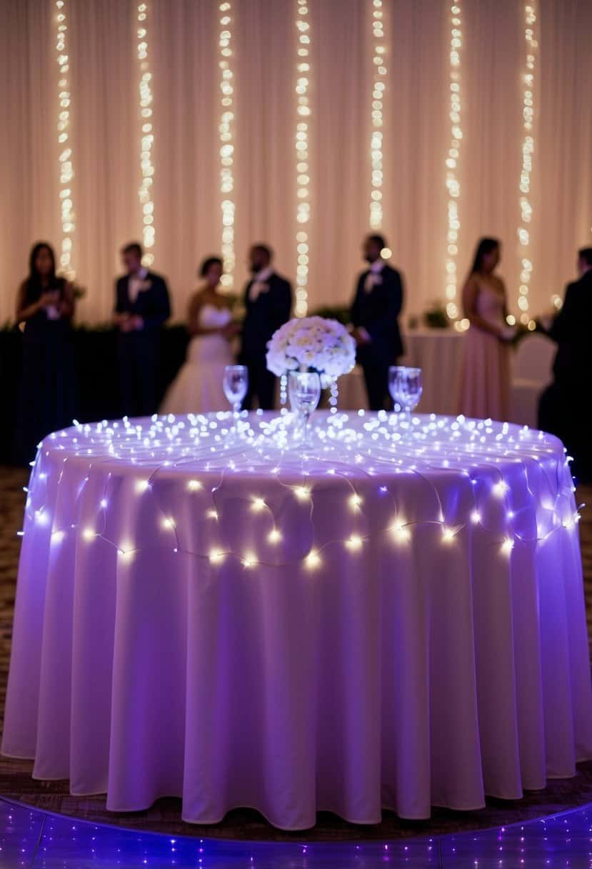 A round table adorned with a fiber optic tablecloth emitting a soft glow of LED lights, creating a mesmerizing and elegant wedding table decoration