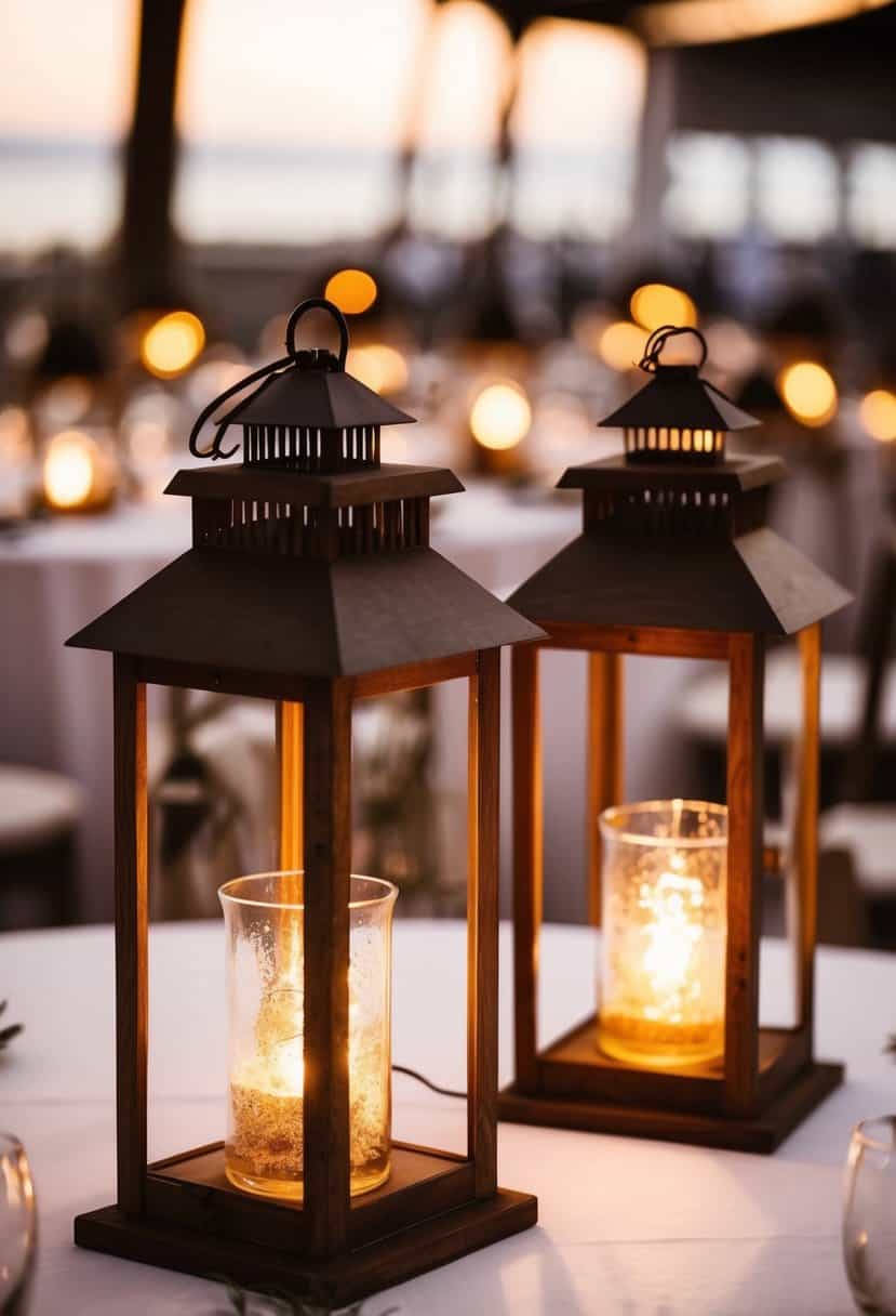 Rustic lanterns with LED lights illuminate wedding tables