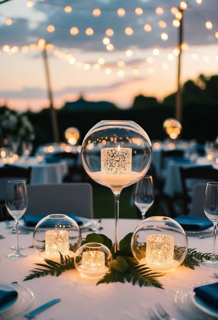 A table with floating LED orb vases emitting soft light for a wedding decoration