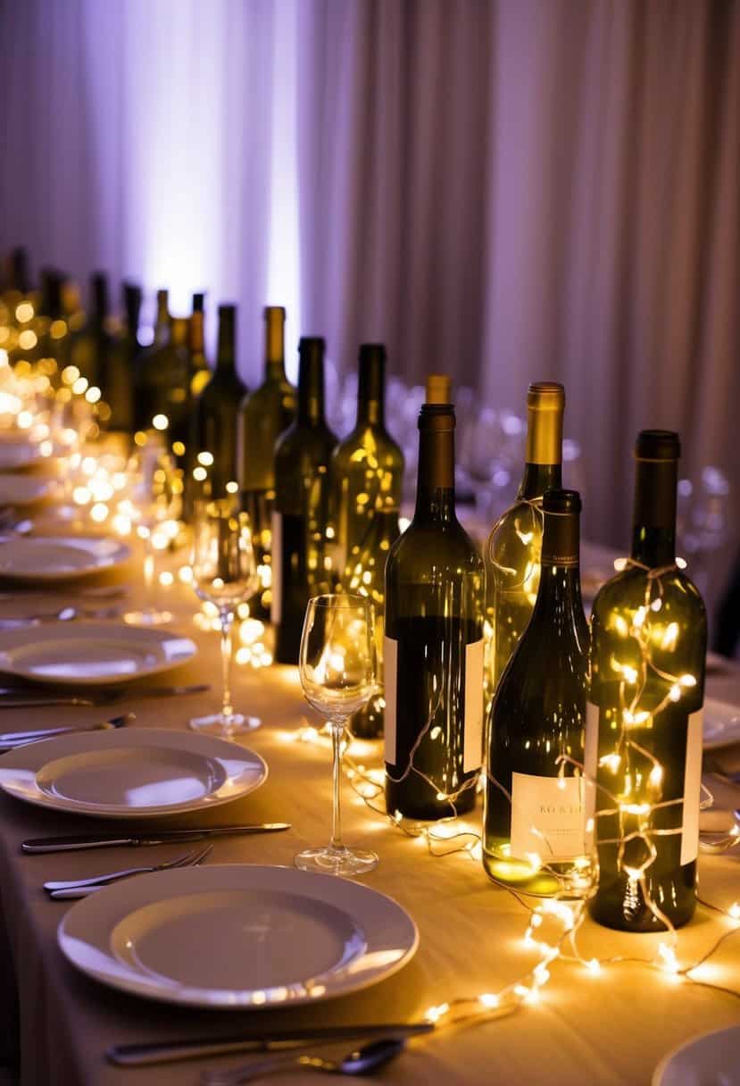 A table adorned with wine bottles filled with LED string lights, creating a warm and romantic ambiance for a wedding reception