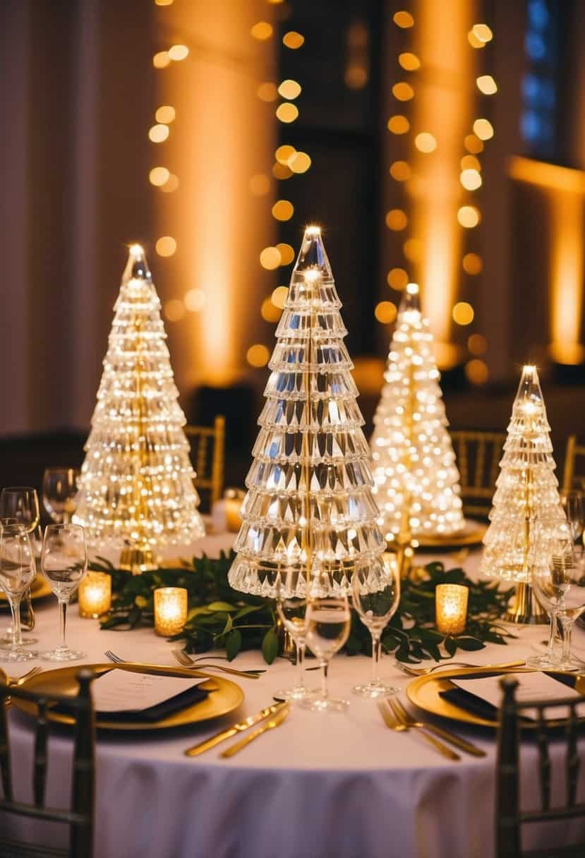 A table adorned with sparkling LED crystal trees, casting a warm and enchanting glow for a wedding celebration
