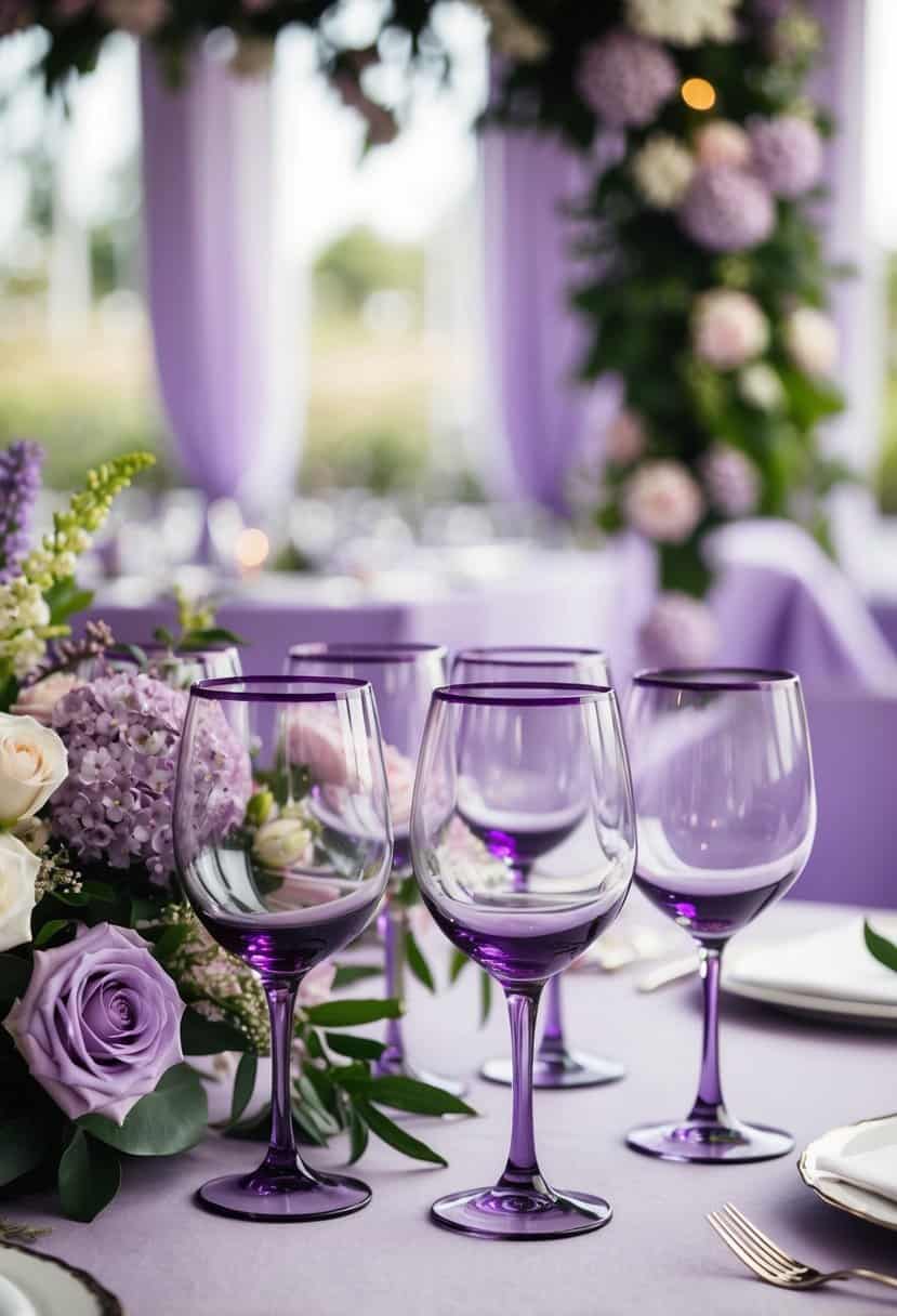 Purple-rimmed wine glasses arranged on a lilac-themed wedding table with floral decorations