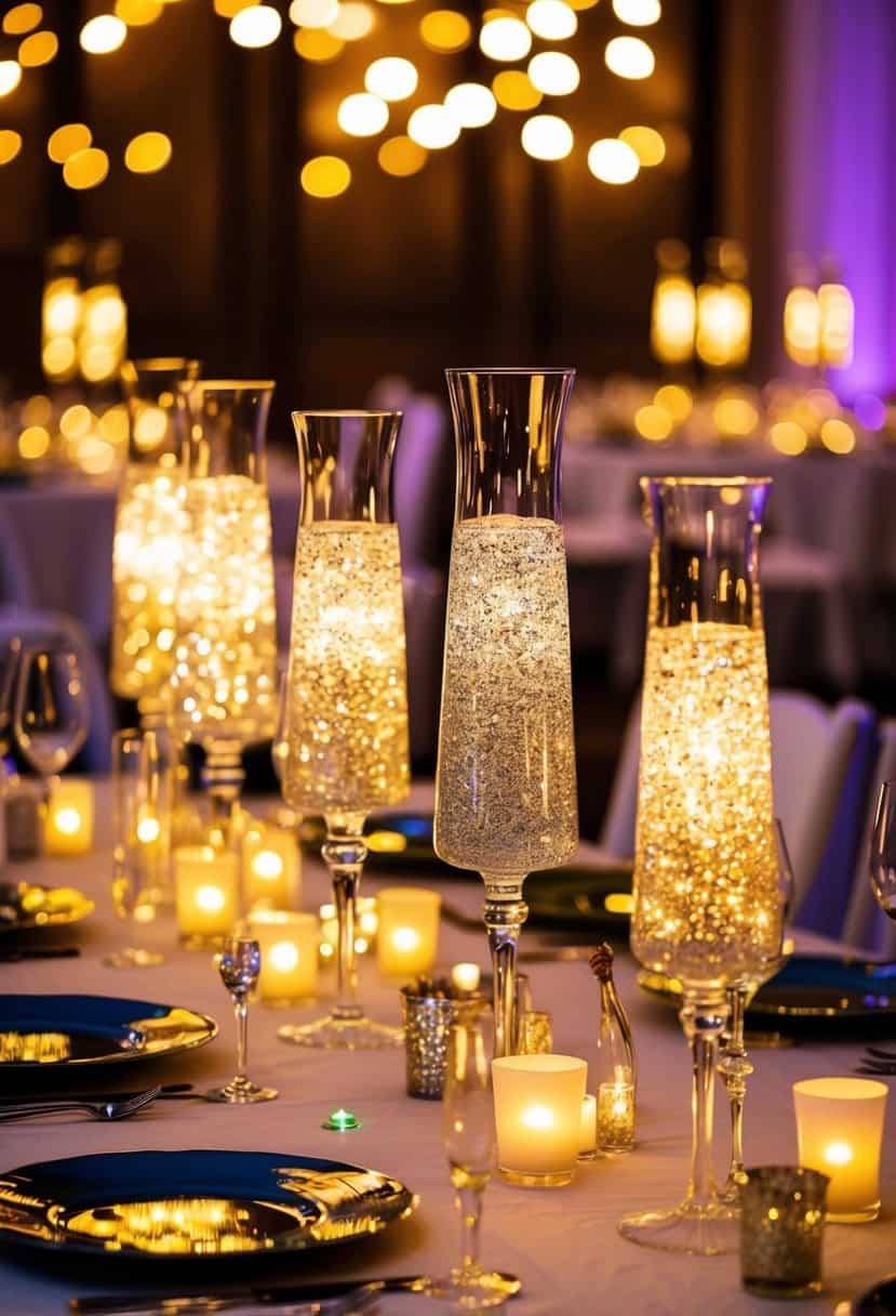 Glowing vases filled with liquid glitter and LED lights illuminate a wedding table, creating a magical and enchanting atmosphere