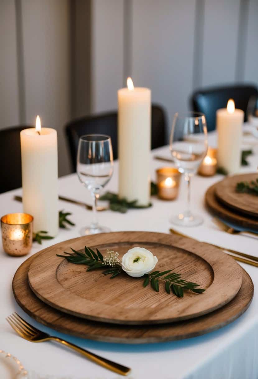 Rustic wooden chargers set on a simple, elegant wedding table with muted decor and soft candlelight