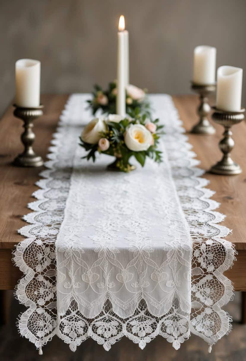 A lace table runner drapes elegantly across a wooden table, adorned with simple floral centerpieces and vintage candle holders