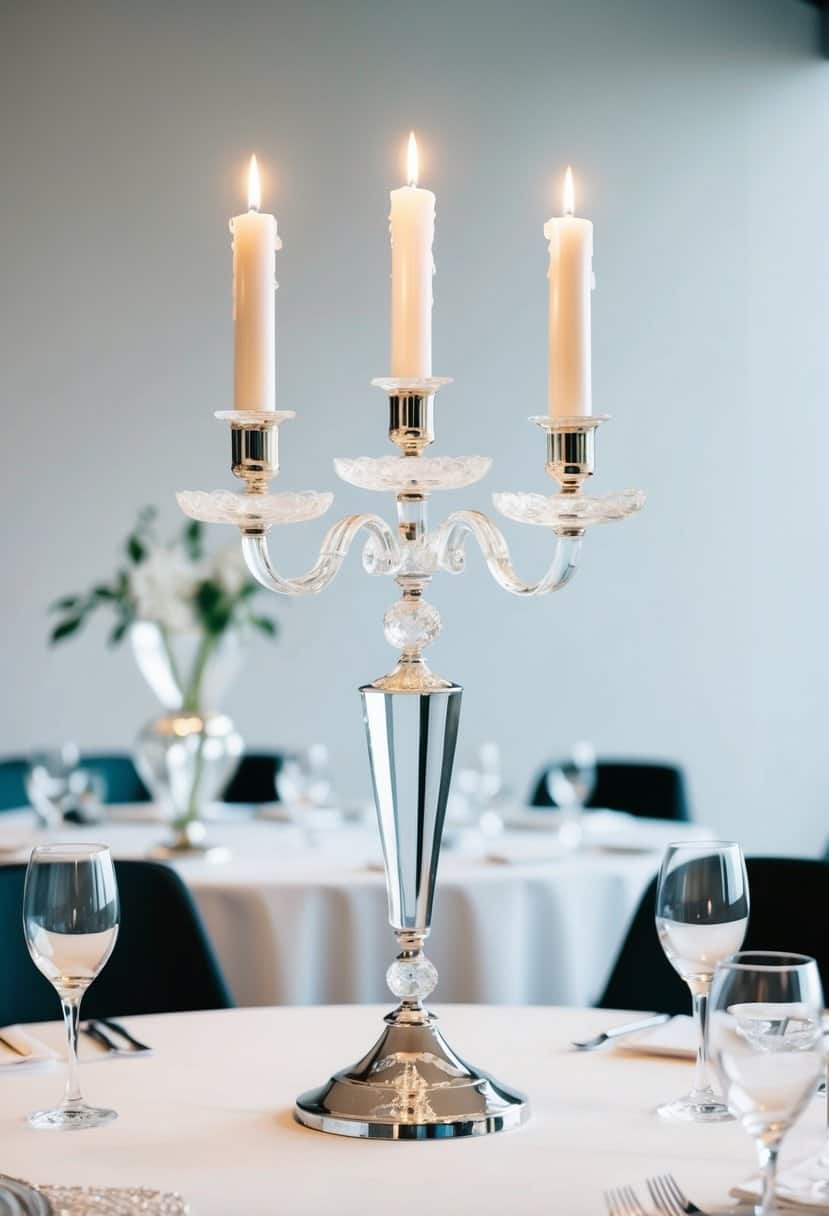 A sleek crystal candelabra centerpiece stands on a white table, surrounded by minimalist decor