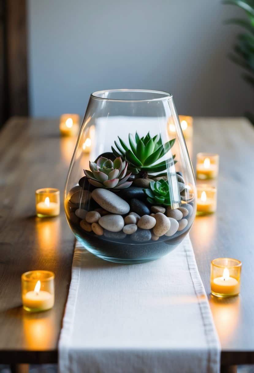 A simple glass terrarium filled with succulents and stones sits atop a white linen table runner, surrounded by flickering tea lights