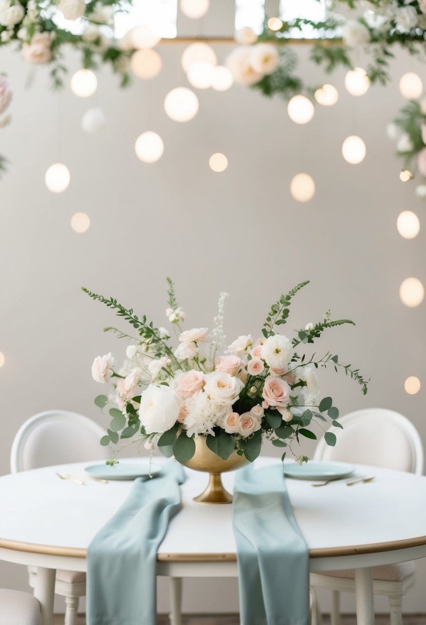 A table adorned with soft pastel floral arrangements for a minimal wedding decor