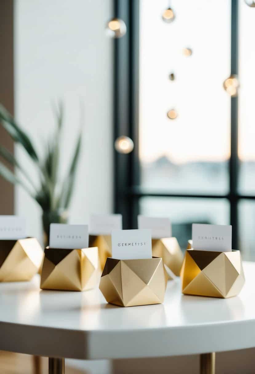 Gold geometric card holders arranged on a sleek white table with minimalist decor
