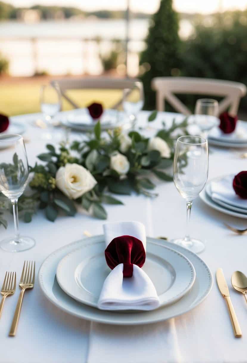 A white linen table adorned with velvet napkin rings in a minimal wedding setting