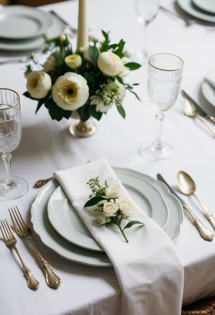 A simple, elegant table setting with antique silverware, white linen, and a single floral centerpiece
