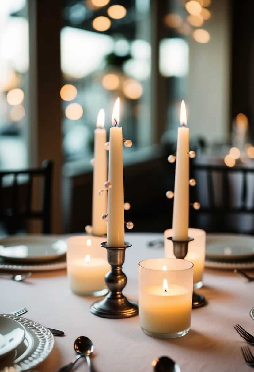 A table set with simple candle votives adorned with delicate pearl accents