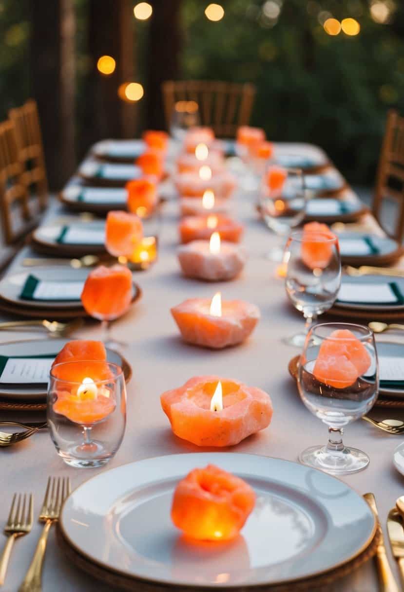 A table set with Himalayan salt tealight holders as minimal wedding decor
