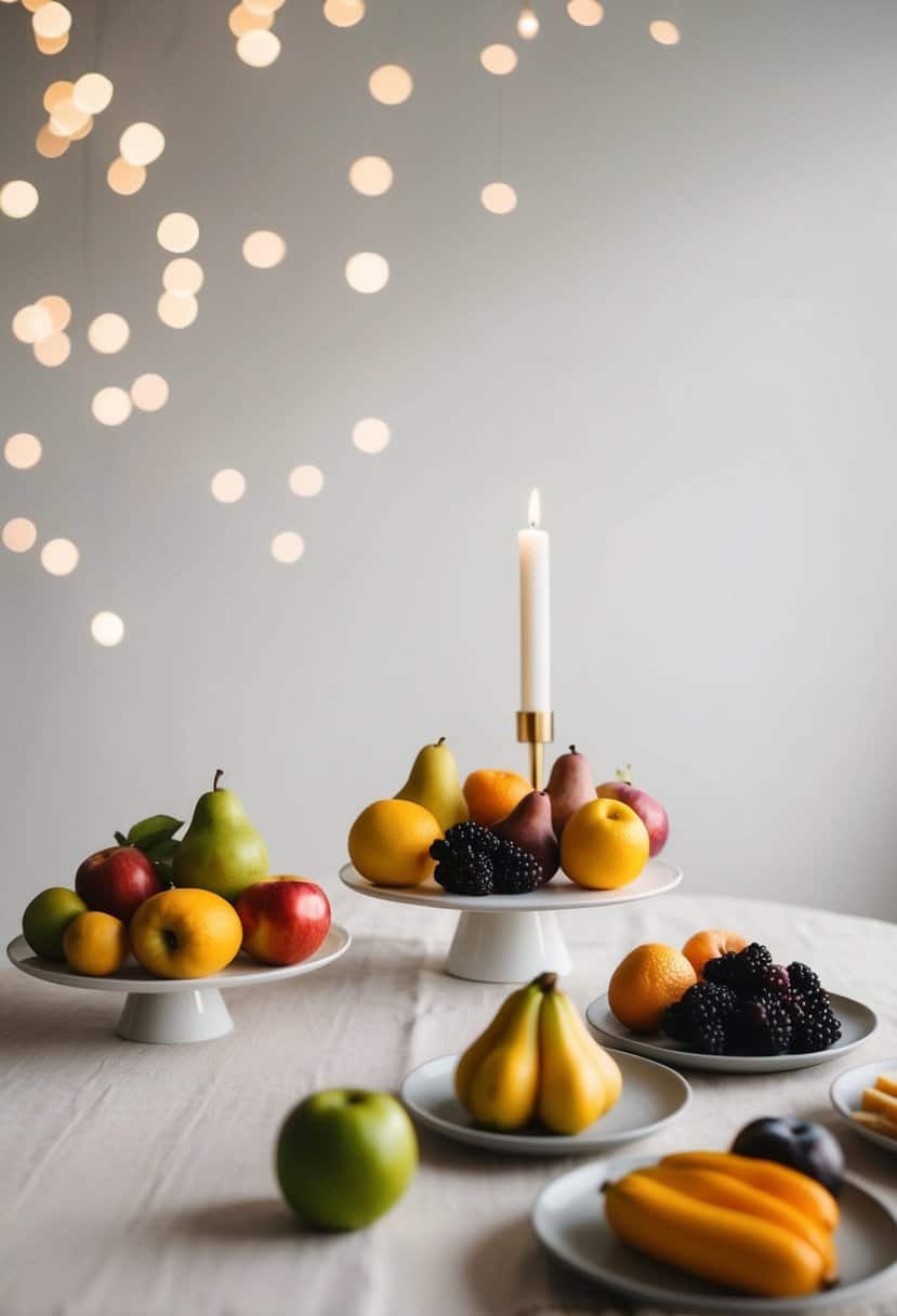 A simple table adorned with a variety of fresh seasonal fruits arranged in an elegant and minimalistic display