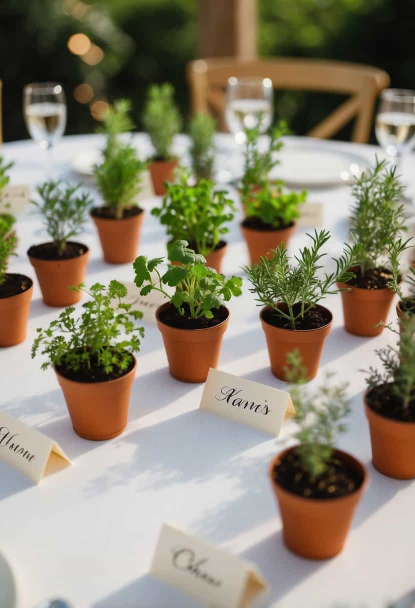 Mini potted herbs arranged as place cards on a wedding table