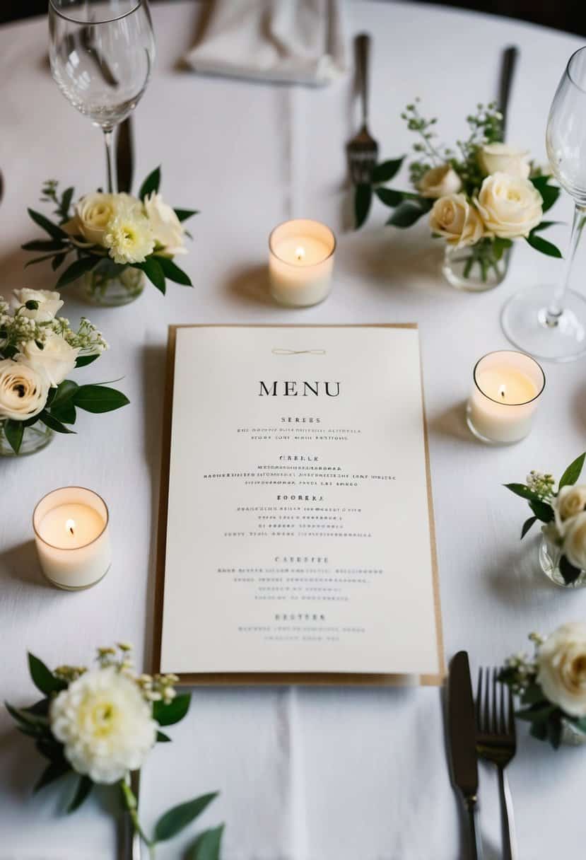 A simple, elegant menu card placed on a white linen tablecloth, surrounded by small floral arrangements and tea light candles