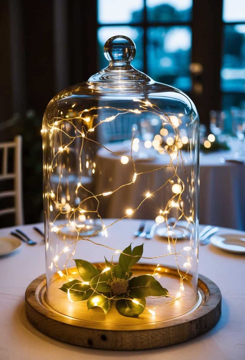 A glass cloche filled with delicate fairy lights illuminates a simple wedding table, creating a magical and romantic ambiance