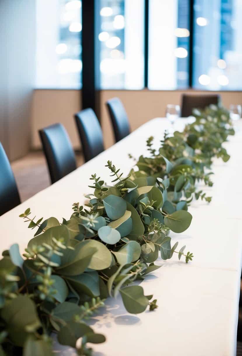 A long, lush silk eucalyptus garland drapes elegantly across a modern wedding table, adding a touch of natural beauty to the sleek decor